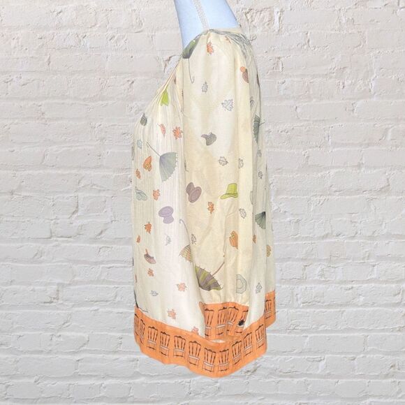 Anthropologie Floreat Raining Pouring Silk Blouse with Umbrella Hat Print Size 4 - Picture 2 of 7